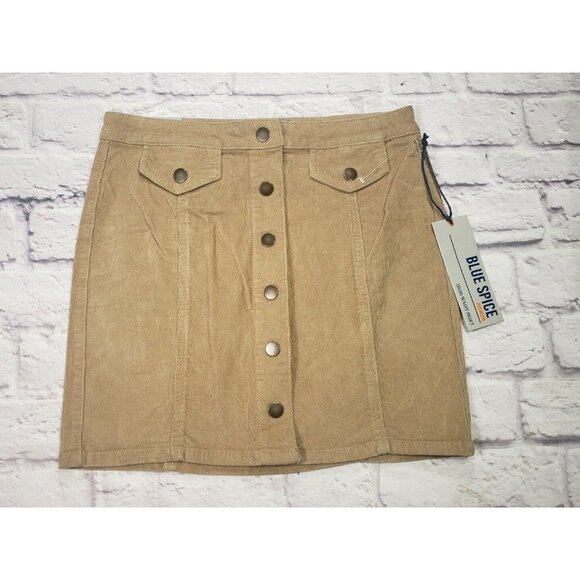 Blue Spice Full Button Down Corduroy A-Line Mini Skirt with Pockets Size 7 - Picture 1 of 4